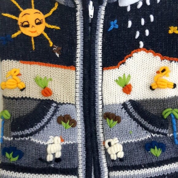 Vintage Kids Wool Blend Hand Knit Sweater Hoodie 3D Prints Animals Sun Plants - Picture 3 of 5